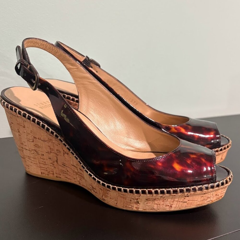 Stuart Weitzman Patent Leather Wedges Platform Peep Toe Tortoise Shell Size 9.5